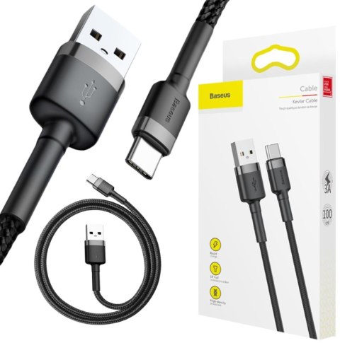 KABEL USB-A / USB-C Baseus Cafule CATKLF-BG1 100cm 3A QC 3.0 CZARNO-SZARY W NYLONOWYM OPLOCIE