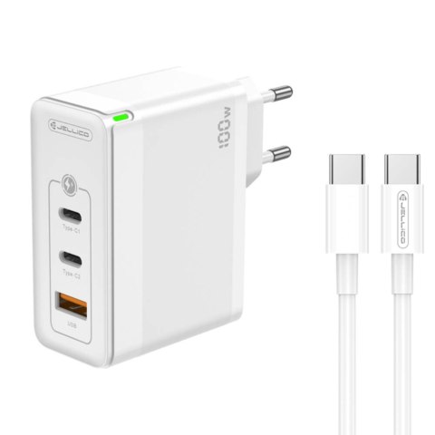 Ładowarka Sieciowa GaN 100W 1x QC3.0 USB + 2x PD USB-C Jellico C118 + Kabel USB-C - USB-C białe