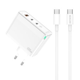 Ładowarka Sieciowa GaN 100W 1x QC3.0 USB + 2x PD USB-C Jellico C118 + Kabel USB-C - USB-C białe