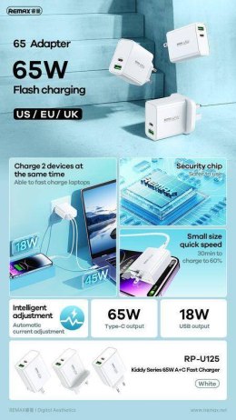 Ładowarka Sieciowa 65W USB + USB-C Remax Kiddy Series RP-U125 biała