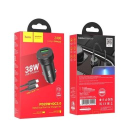 Ładowarka Samochodowa PD 20W 1x USB-C + 1x USB QC3.0 + Kabel USB-C - Lightning HOCO Z49B czarna