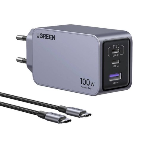 Ładowarka sieciowa Ugreen Nexode Pro 100W, GaN, USB + 2x USB-C (szara)