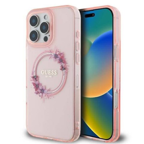 Oryginalne Etui IPHONE 16 PRO Guess Hardcase IML Flowers Wreath MagSafe (GUHMP16LHFWFCP) różowe