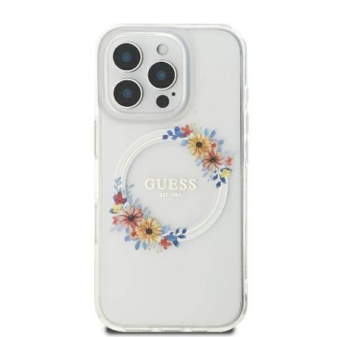 Oryginalne Etui IPHONE 16 PRO MAX Guess Hardcase IML Flowers Wreath MagSafe (GUHMP16XHFWFCT) transparentne