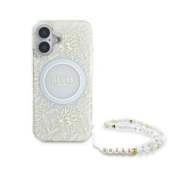 Oryginalne Etui IPHONE 16 Guess Hardcase IML Flowers Allover Electro With Pearl Strap MagSafe (GUHMP16SHCPOFPH) białe