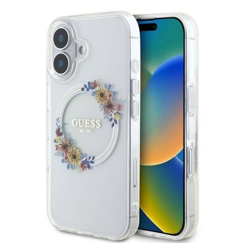 Oryginalne Etui IPHONE 16 PLUS Guess Hardcase IML Flowers Wreath MagSafe (GUHMP16MHFWFCT) transparentne