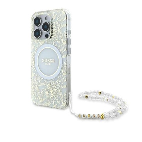 Oryginalne Etui IPHONE 16 PRO Guess Hardcase IML Flowers Allover Electro With Pearl Strap MagSafe (GUHMP16LHCPOFPH) białe