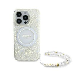 Oryginalne Etui IPHONE 16 PRO Guess Hardcase IML Flowers Allover Electro With Pearl Strap MagSafe (GUHMP16LHCPOFPH) białe