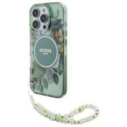 Oryginalne Etui IPHONE 16 PRO Guess Hardcase IML Flowers With Pearl Strap MagSafe (GUHMP16LHFWBRCESN) zielone