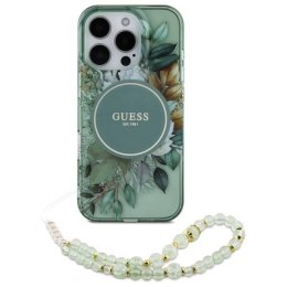 Oryginalne Etui IPHONE 16 PRO Guess Hardcase IML Flowers With Pearl Strap MagSafe (GUHMP16LHFWBRCESN) zielone