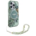 Oryginalne Etui IPHONE 16 PRO Guess Hardcase IML Flowers With Pearl Strap MagSafe (GUHMP16LHFWBRCESN) zielone