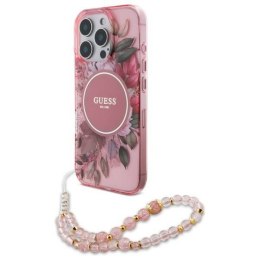 Oryginalne Etui IPHONE 16 PRO Guess Hardcase IML Flowers With Pearl Strap MagSafe (GUHMP16LHFWBRCESP) różowe