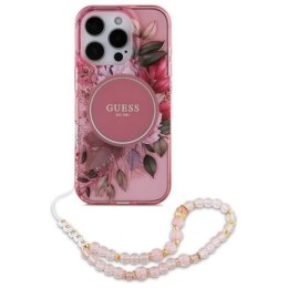 Oryginalne Etui IPHONE 16 PRO Guess Hardcase IML Flowers With Pearl Strap MagSafe (GUHMP16LHFWBRCESP) różowe