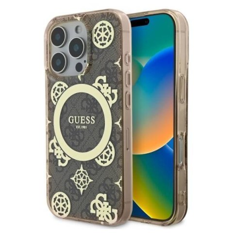 Oryginalne Etui IPHONE 16 PRO Guess Hardcase IML Peony On 4G Background MagSafe (GUHMP16LH4PYEEW) brązowe