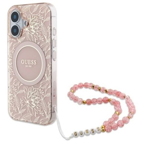 Oryginalne Etui IPHONE 16 Guess Hardcase IML Flowers Allover Electro With Pearl Strap MagSafe (GUHMP16SHCPOFPP) różowe