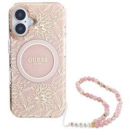 Oryginalne Etui IPHONE 16 Guess Hardcase IML Flowers Allover Electro With Pearl Strap MagSafe (GUHMP16SHCPOFPP) różowe