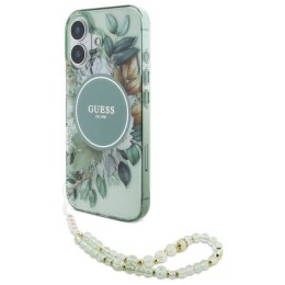 Oryginalne Etui IPHONE 16 Guess Hardcase IML Flowers With Pearl Strap MagSafe (GUHMP16SHFWBRCESN) zielone