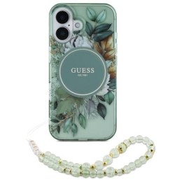 Oryginalne Etui IPHONE 16 Guess Hardcase IML Flowers With Pearl Strap MagSafe (GUHMP16SHFWBRCESN) zielone