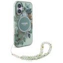 Oryginalne Etui IPHONE 16 Guess Hardcase IML Flowers With Pearl Strap MagSafe (GUHMP16SHFWBRCESN) zielone