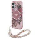 Oryginalne Etui IPHONE 16 Guess Hardcase IML Flowers With Pearl Strap MagSafe (GUHMP16SHFWBRCESP) różowe