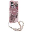 Oryginalne Etui IPHONE 16 Guess Hardcase IML Flowers With Pearl Strap MagSafe (GUHMP16SHFWBRCESP) różowe