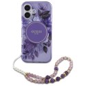 Oryginalne Etui IPHONE 16 Guess Hardcase IML Flowers With Pearl Strap MagSafe (GUHMP16SHFWBRCESU) fioletowe