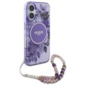 Oryginalne Etui IPHONE 16 Guess Hardcase IML Flowers With Pearl Strap MagSafe (GUHMP16SHFWBRCESU) fioletowe