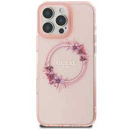 Oryginalne Etui IPHONE 16 Guess Hardcase IML Flowers Wreath MagSafe (GUHMP16SHFWFCP) różowe