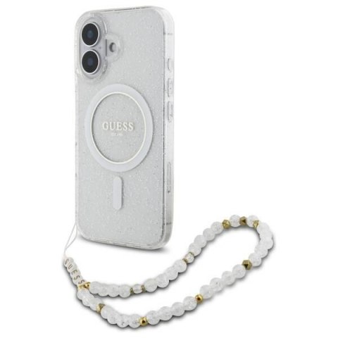 Oryginalne Etui IPHONE 16 Guess Hardcase IML Glitter With Pearl Strap MagSafe (GUHMP16SHGCRELST) transparentne