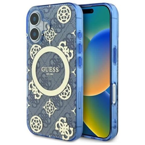 Oryginalne Etui IPHONE 16 Guess Hardcase IML Peony On 4G Background MagSafe (GUHMP16SH4PYEEB) niebieskie