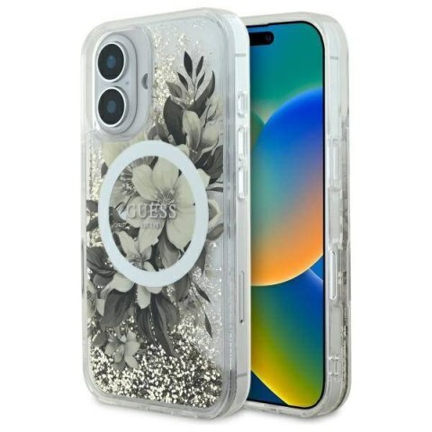 Oryginalne Etui IPHONE 16 Guess Hardcase Liquid Glitter Flower MagSafe (GUHMP16SLFMWTE) beżowe