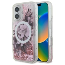 Oryginalne Etui IPHONE 16 Guess Hardcase Liquid Glitter Flower MagSafe (GUHMP16SLFMWTP) różowe