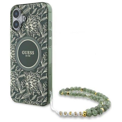 Oryginalne Etui IPHONE 16 PLUS Guess Hardcase IML Flowers Allover Electro With Pearl Strap MagSafe (GUHMP16MHCPOFPA) zielone