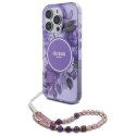 Oryginalne Etui IPHONE 16 PRO Guess Hardcase IML Flowers With Pearl Strap MagSafe (GUHMP16LHFWBRCESU) fioletowe