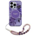 Oryginalne Etui IPHONE 16 PRO Guess Hardcase IML Flowers With Pearl Strap MagSafe (GUHMP16LHFWBRCESU) fioletowe