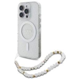 Oryginalne Etui IPHONE 16 PRO Guess Hardcase IML Glitter With Pearl Strap MagSafe (GUHMP16LHGCRELST) transparentne