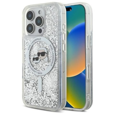 Oryginalne Etui IPHONE 16 PRO Karl Lagerfeld Hardcase Liquid Glitter Karl&Choupette Head MagSafe (KLHMP16LLGKCSGH) transparentne