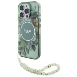 Oryginalne Etui IPHONE 16 PRO MAX Guess Hardcase IML Flowers With Pearl Strap MagSafe (GUHMP16XHFWBRCESN) zielone