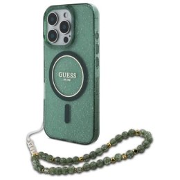 Oryginalne Etui IPHONE 16 PRO MAX Guess Hardcase IML Glitter With Pearl Strap MagSafe (GUHMP16XHGCRELSA) zielone