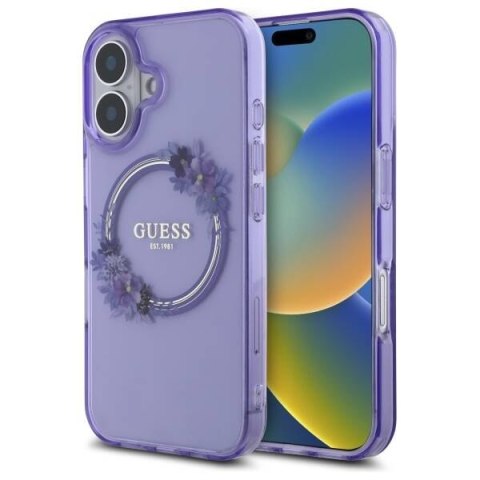 Oryginalne Etui IPHONE 16 Guess Hardcase IML Flowers Wreath MagSafe (GUHMP16SHFWFCU) fioletowe