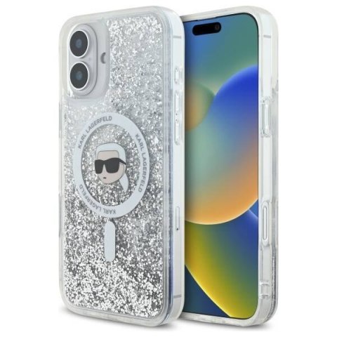 Oryginalne Etui IPHONE 16 PLUS Karl Lagerfeld Hardcase Liquid Glitter Karl Head MagSafe (KLHMP16MLGKISGH) transparentne