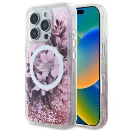 Oryginalne Etui IPHONE 16 PRO MAX Guess Hardcase Liquid Glitter Flower MagSafe (GUHMP16XLFMWTP) różowe