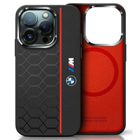 Oryginalne Etui IPHONE 16 PRO MAX BMW Hardcase Silicone Hexagon Red Line MagSafe (BMHMP16X23SHER) czarne