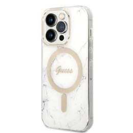 Oryginalne Etui IPHONE 14 PRO Guess Hardcase Marble MagSafe + Wireless Charger (GUBPP14MHMEACSH) białe