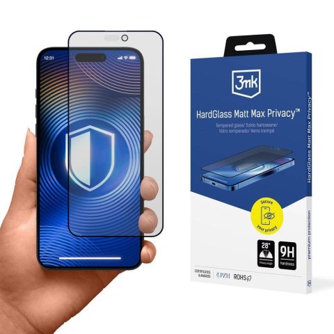 Szkło Hartowane 5D IPHONE 15 / 16 3mk HardGlass Max Matt Privacy czarne