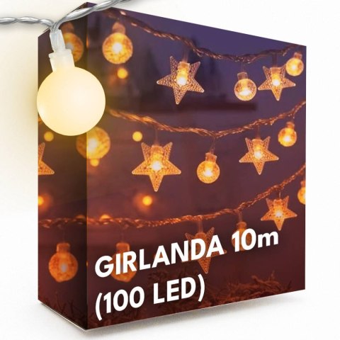 Girlanda LED 10m (100 LED) Gwiazdki i Kulki Ciepły Biały