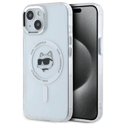 Oryginalne Etui IPHONE 15 Karl Lagerfeld Hardcase IML Metal Choupette Head MagSafe (KLHMP15SHLSCHH) białe