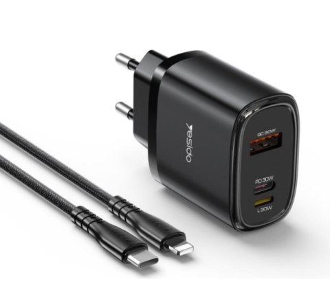 Yesido ładowarka sieciowa YC52 PD 30W QC USB-A+C +iP + Kabel 27W Type-C - Lightning 1m, BLACK / CZARNY