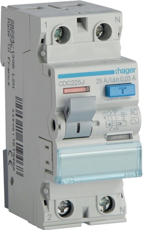 Wyłącznik różnicowoprądowy 1P+N 25A 30mA 6kA AC HAGER CDC225J