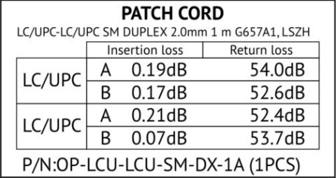 PATCHCORD ŚWIATŁOWODOWY SM 1M DUPLEX 9/125, LC/UPC-LC/UPC